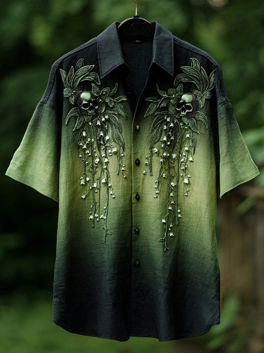 Comstylish Vintage Lily Of The Valley & Skull Embroidered Linen Shirt