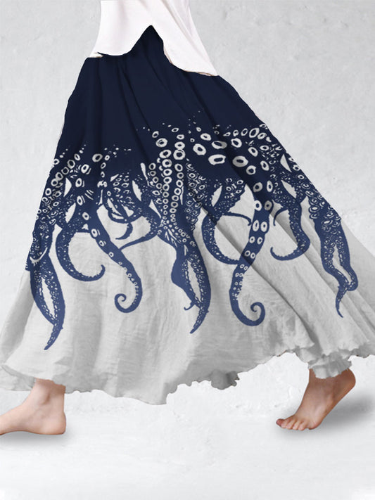 Comstylish Japanese Art Ocean Octopus Print Cotton Blend Skirt