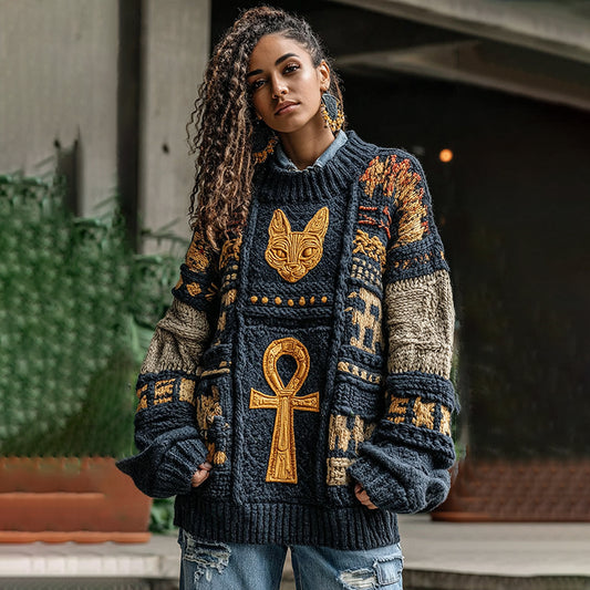 Comstylish Women's Ancient Egyptian Ankh Cat Pattern Knit Pullover Sweater