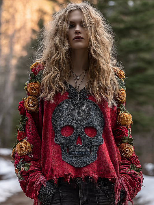 Comstylish Women's Vintage Skull-print Distressed V-neck Top