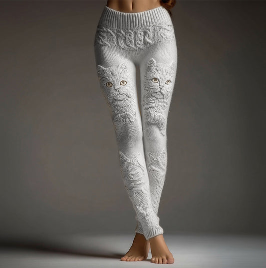 Comstylish Cute Fuzzy Cat Embroidered Cozy Knit Leggings