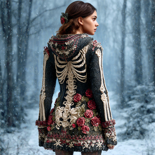 Comstylish Retro Floral & Skeleton Art Women's Knit Hooded Mini Dress