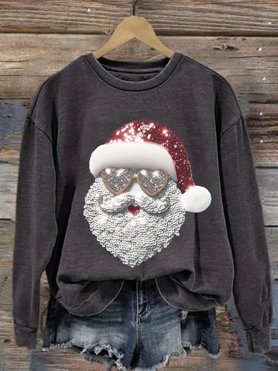 Comstylish Retro Santa Christmas Print Round Neck Sweatshirt