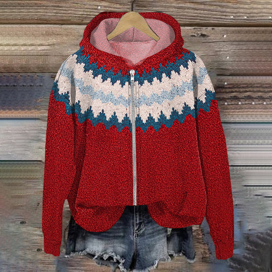 Vintage Icelandic Wave Knit Jacquard Warm Zip Hooded Sweater elevenforest