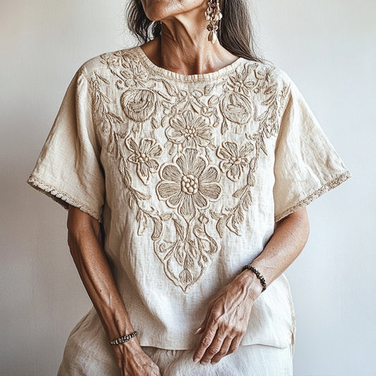 Floral Embroidered Round Neck Linen T-shirt artswardrobe
