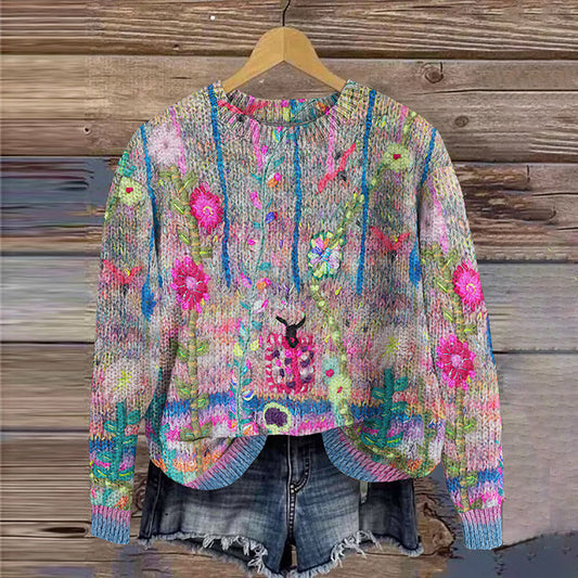 Vintage Floral Print Knitted Cozy Pullover Sweater artswardrobe