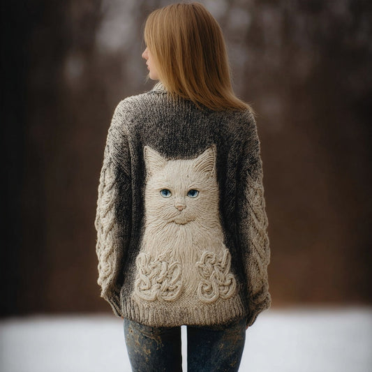 Comstylish Vintage Cute Cat Embroidered Cozy Sweater Cardigan