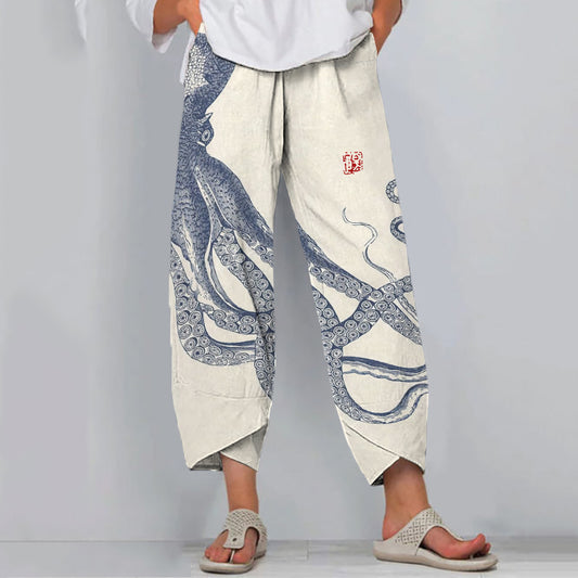 Comstylish Japanese Octopus Art Print Loose Casual Pants