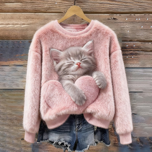 Comstylish Women's Cute Heart Cat Crew Neck Cozy Flannel Sweatshirt
