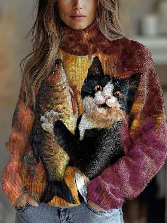 Retro Cats Art Print Knit Turtleneck Pullover Sweater elevenforest