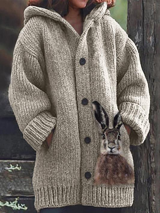 Fuzzy Bunny Felt Art Cozy Knit Hooded Cardigan artswardrobe