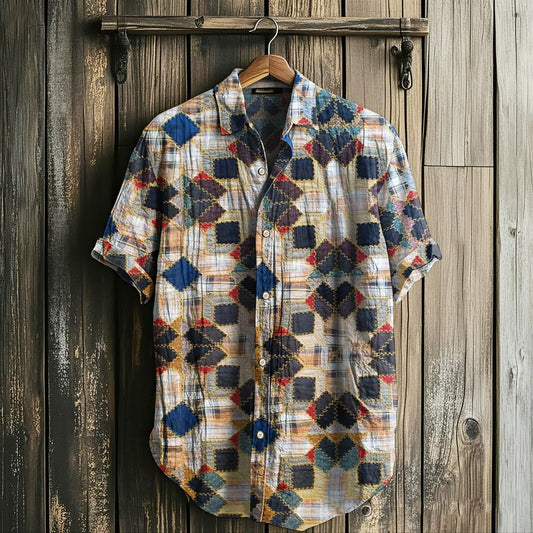 Men's Retro Amish Quilt Patchwork Short Sleeved Linen Shirt artswardrobe