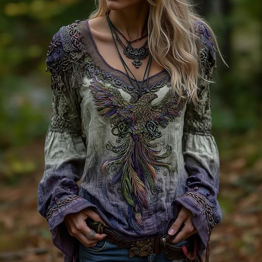 Women's Vintage Viking Celtic Knot Phoenix Art Pattern Linen Shirt artswardrobe