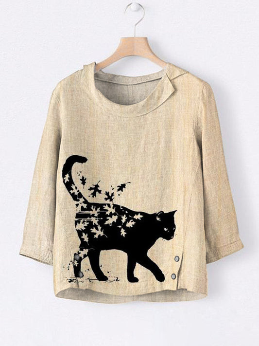 Maple Leaf Cat Women's Linen Shirt elevenforest