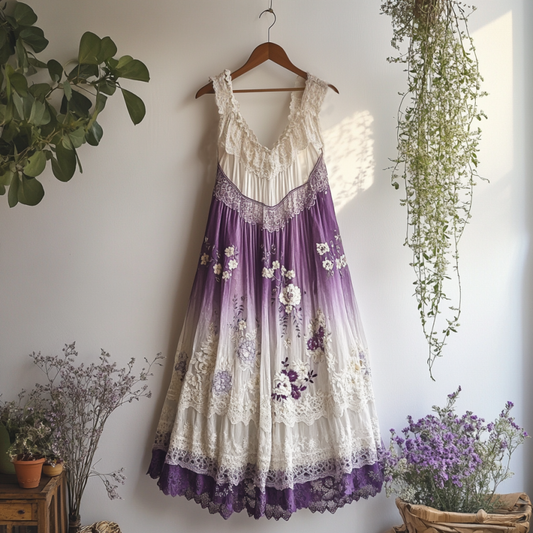 Boho Gradient Lavender Embroidered Pattern Lace Linen Dress artswardrobe
