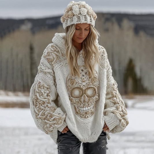 Women's White Rose Skull Comfortable Loose Solid Color Sweater elevenforest