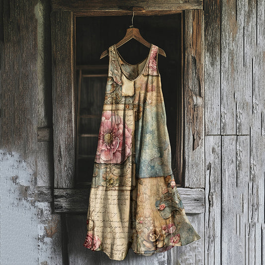 Women's Vintage Floral Patch Cotton And Linen Sleeveless Dress artswardrobe