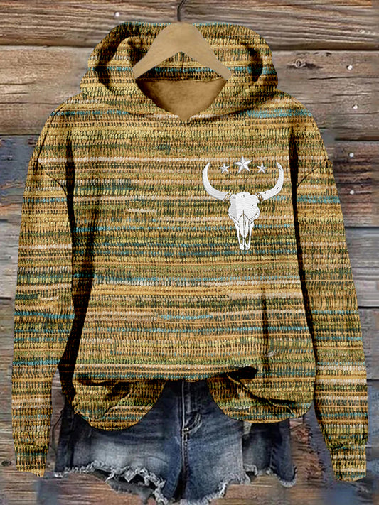 Comstylish Western Bull Skull Embroidered Vintage Cozy Hoodie