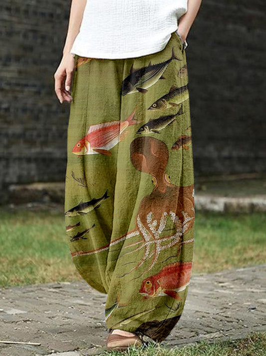 Comstylish Vintage Ocean Art Pattern Linen Blend Cozy Pants