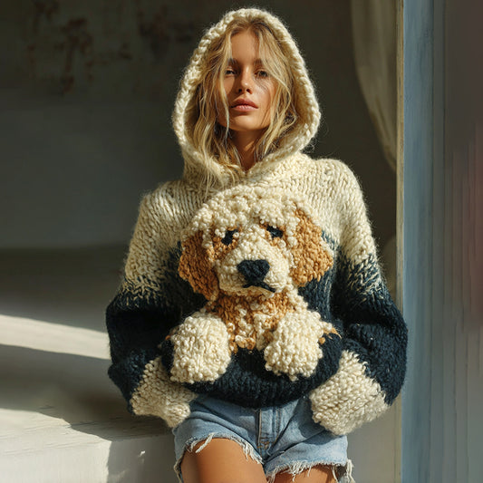 Comstylish Classic Fuzzy Golden Retriever Dog Felt In Gradient Art Cozy Knit Hooded Sweater