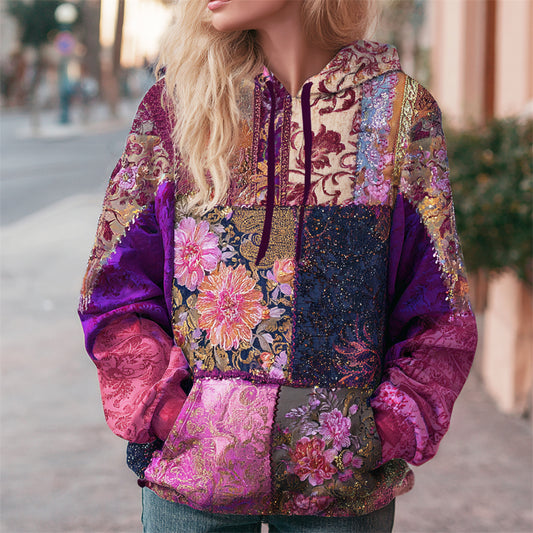 Comstylish Boho Floral Patchwork Pattern Women's Hooded Sweatshirt