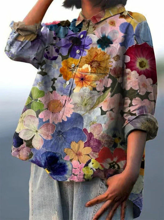 Comstylish Floral Art Print Casual Linen Blend Pocket Shirt