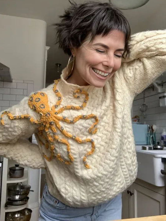 Women's Cute Octopus Embroidery Pattern Cozy Knit Sweater elevenforest