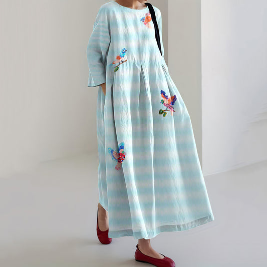 Women's Striped Sequined Bird Pattern Cotton And Linen Dress artswardrobe