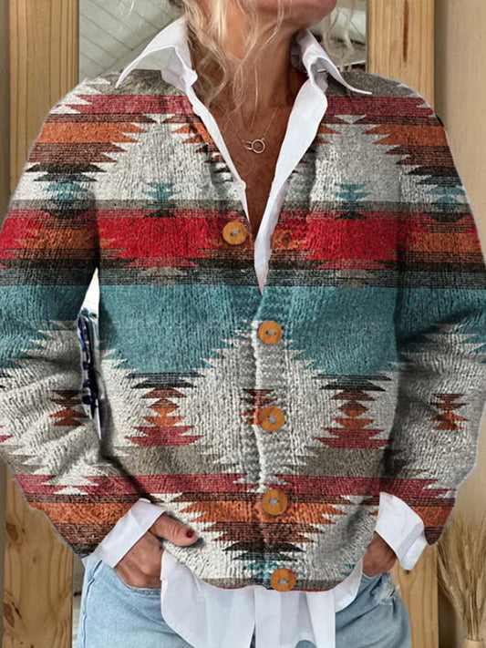 Women's Western Retro Pattern Print Casual Cardigan artswardrobe