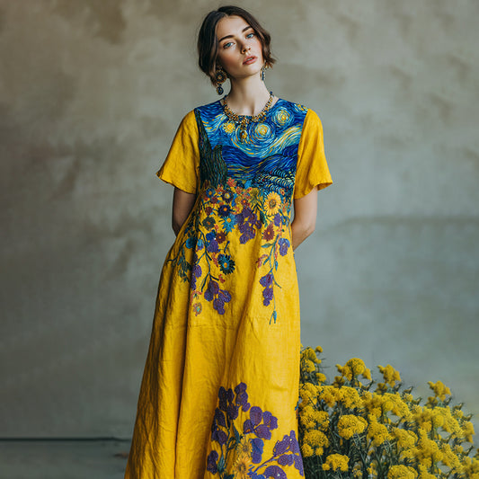 Women's Oil Painting Starry Sky Contrast Color Floral Maxi Dress artswardrobe