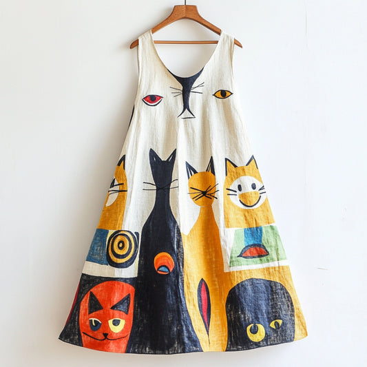 Comstylish Fun Cat Geometric Art Flowy Linen Tank Dress