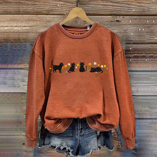 Comstylish Women's Cute Floral Black Cat Embroidered Sweatshirt