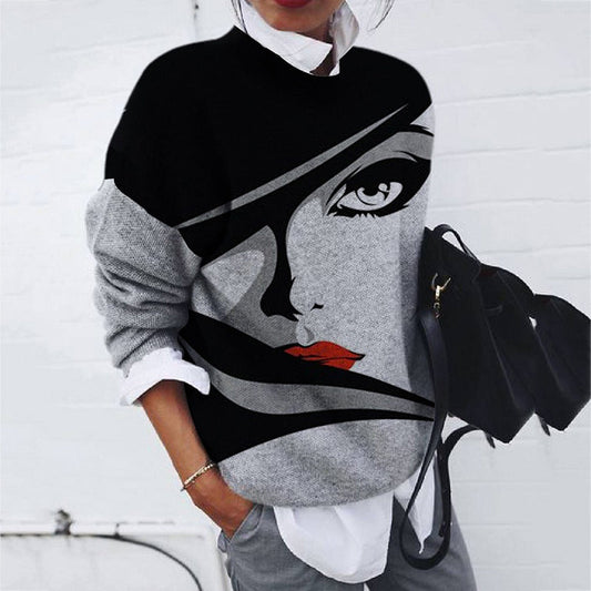 Fashion Abstract Portrait Print Loose Long Sleeve Top elevenforest