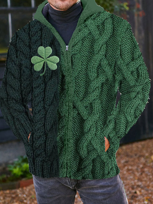 Men's Shamrock Embroidered Jacquard Cozy Hooded Cardigan artswardrobe