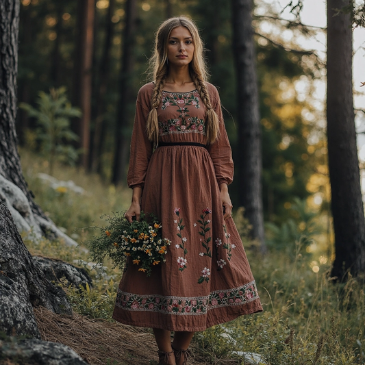 Vintage Plant Floral Embroidered Waist Closing Cotton Linen Dress artswardrobe