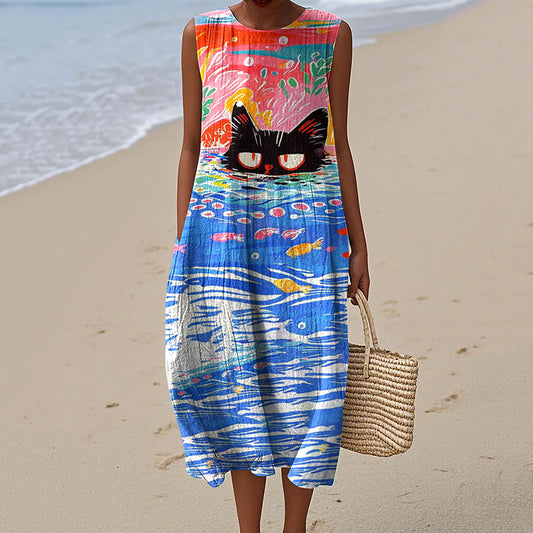 Abstract Creative Oil Cat Painting Art Linen Tank Dress elevenforest