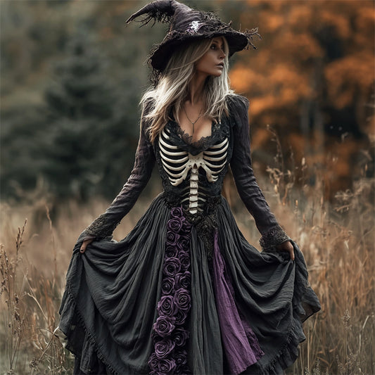 Comstylish Halloween Skeleton Purple Roses Lace Trim Linen Maxi Dress