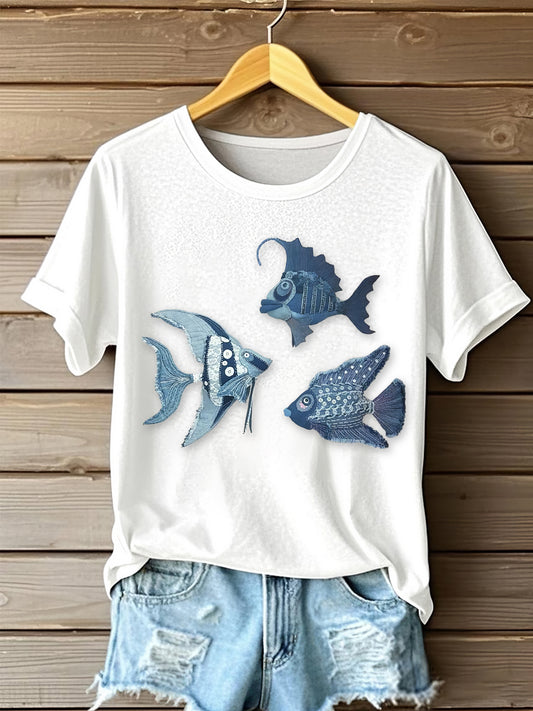 Women's Denim Lovely Fishes Portrait Art Print Short Sleeve Casual T-shirt artswardrobe