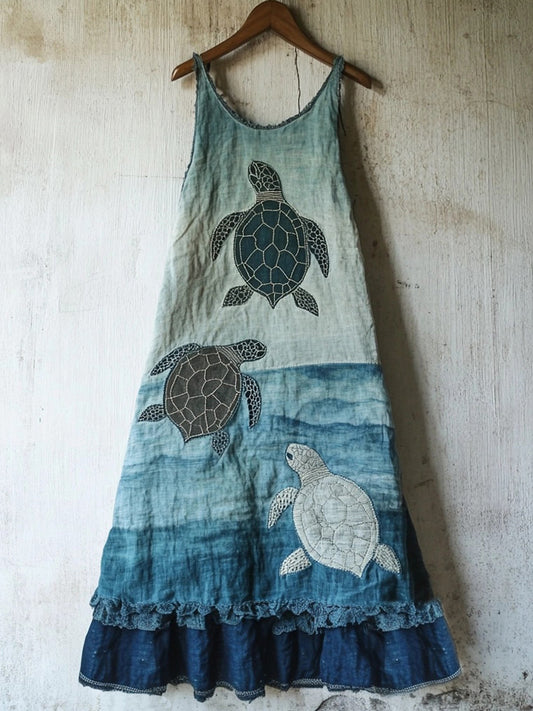 Sea Turtle Pattern Patchwork Art Linen Blend Dress artswardrobe