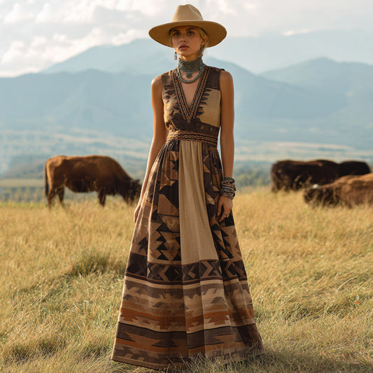 Women's Vintage Western Aztec Geometric Print V-neck Sleeveless Maxi Dress artswardrobe