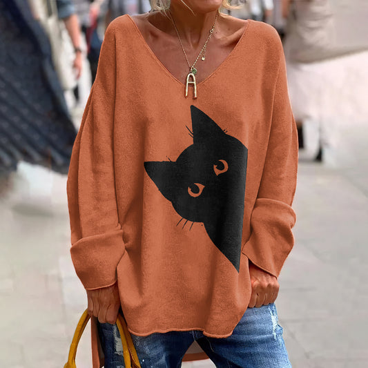 Comstylish Women's Classic Peek-A-Boo Hiding Black Cat Painting Print Long Sleeve T-Shirt