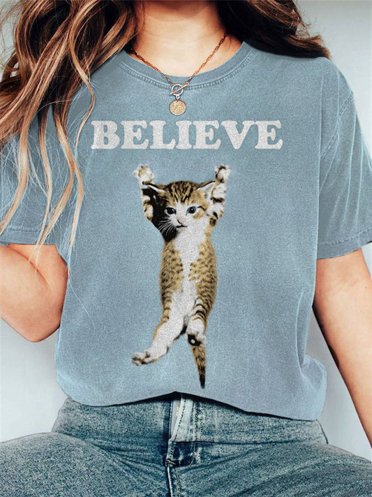 Comstylish Women's Casual Art Funny Black Cat Print T-shirt