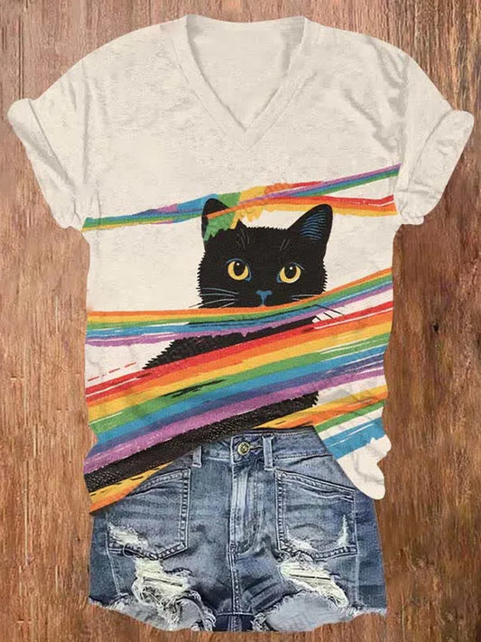 Comstylish Cute Black Cat Peeping From Rainbow Stripe Art Print V-neck T-shirt