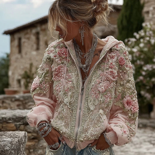Comstylish Women's Vintage Flowers Embroidery Art Casual Zip Up Hoodie