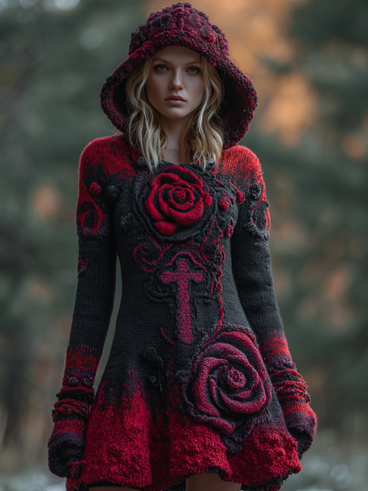 Halloween Viking Style Lady Hooded Knit Sweater Dress artswardrobe