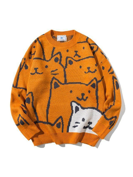 Cute Cat Pattern Loose Fit Cozy Sweater elevenforest