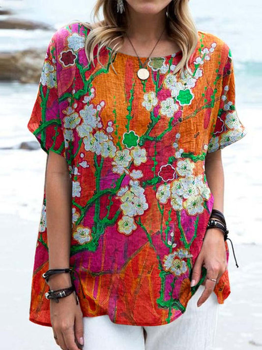 Women's Elegant Floral Round Neck Cotton and Linen Top