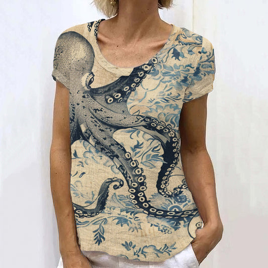 Comstylish Retro Japanese Ink Floral Octopus Art Painting Linen Casual T-Shirt