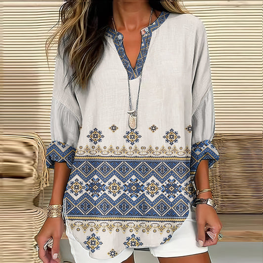Comstylish Women's Ukraine Art V-neck Casual Linen Blend Blouse
