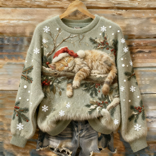 Vintage Christmas Lazy Cat Art Women's Cozy Plush Sweater elevenforest